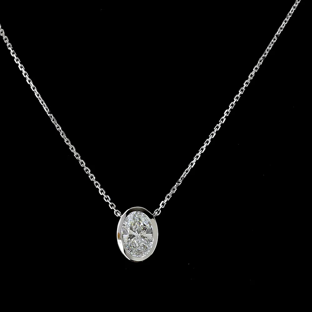 14K White Gold North-South Bezel Set Oval Lab Diamond Solitaire Pendant - 1.00 Carat Total Weight, D IF Clarity with IGI Certification - Covaloro Fine Jewelry