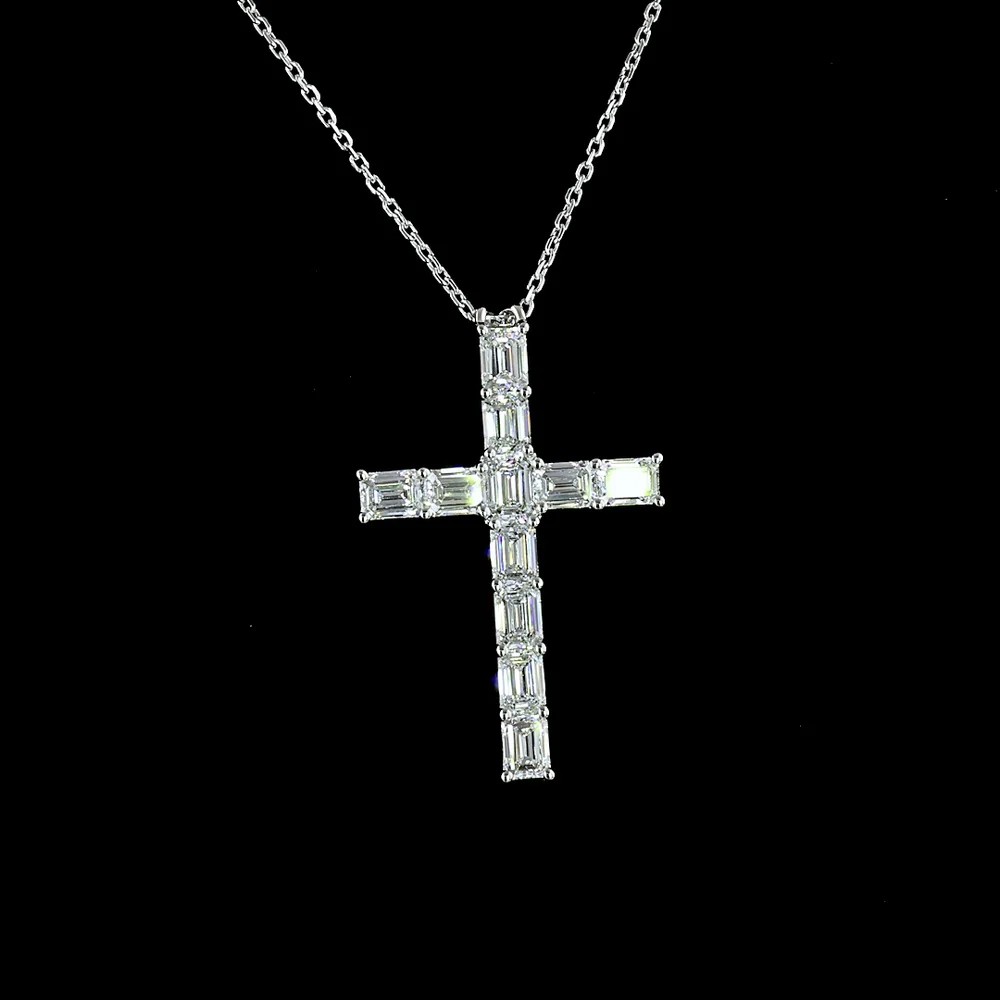 14K White Gold North-South Cross Pendant with 11 Emerald Cut Lab Grown Diamonds - 2.17 Carat Total Diamond Weight, E-F Color VS1 Clarity - Covaloro Fine Jewelry - Image 2