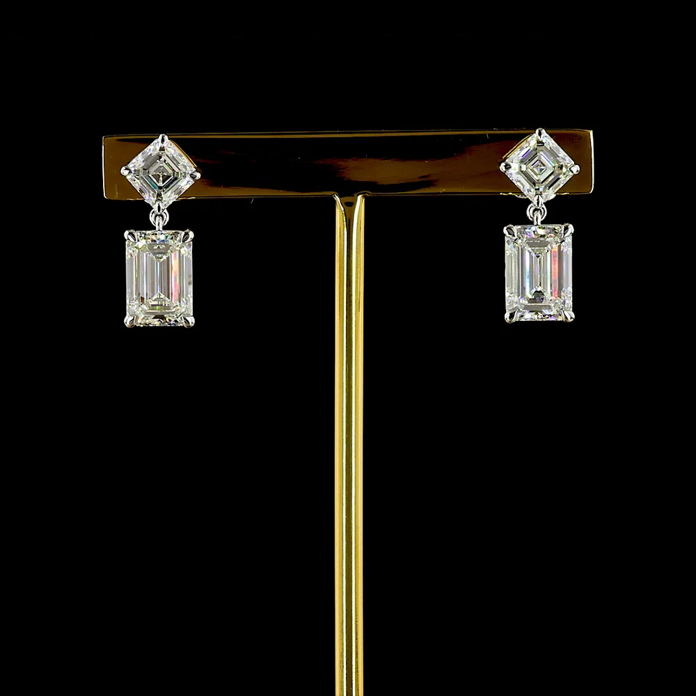 14K White Gold North-South Drop Earrings with Asscher and Emerald Cut Lab Diamonds - 7.29 Carats Total Diamond Weight - Covaloro Fine Jewelry