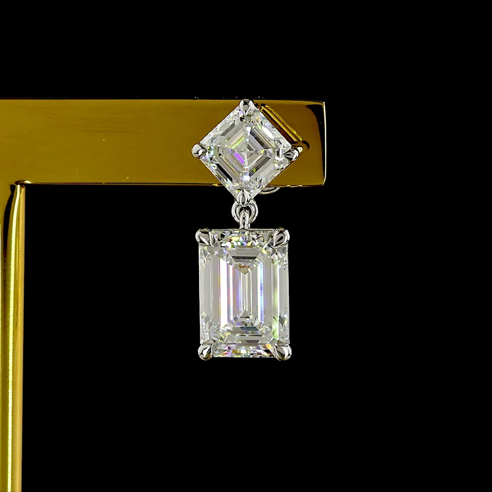 14K White Gold North-South Drop Earrings with Asscher and Emerald Cut Lab Diamonds - 7.29 Carats Total Diamond Weight - Covaloro Fine Jewelry - Image 2