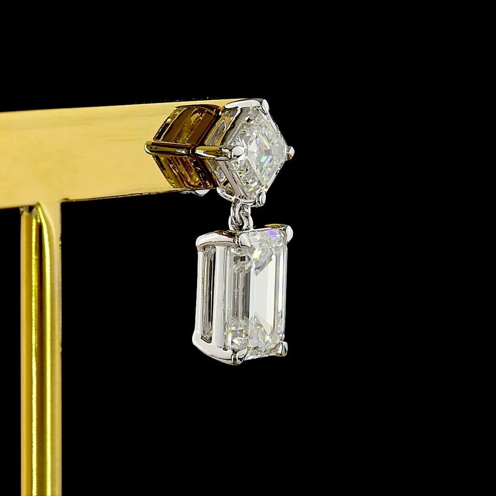 14K White Gold North-South Drop Earrings with Asscher and Emerald Cut Lab Diamonds - 7.29 Carats Total Diamond Weight - Covaloro Fine Jewelry - Image 4