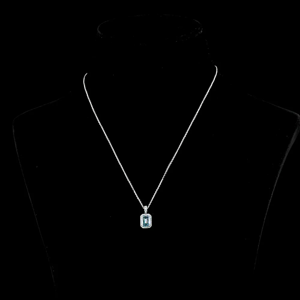 14K White Gold North-South Halo Pendant with 1.55 Carat Emerald Cut Fancy Vivid Blue Lab Diamond and 0.18 Carat Round Brilliant Lab Diamonds - 1.73 Carat Total Diamond Weight - Covaloro Fine Jewelry