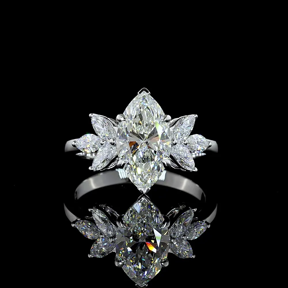 14K White Gold North-South Marquise Cut Cluster Ring with 2.02 Carat Center Lab Diamond and Six Accent Stones - 2.62 Carats Total Diamond Weight - Covaloro Fine Jewelry
