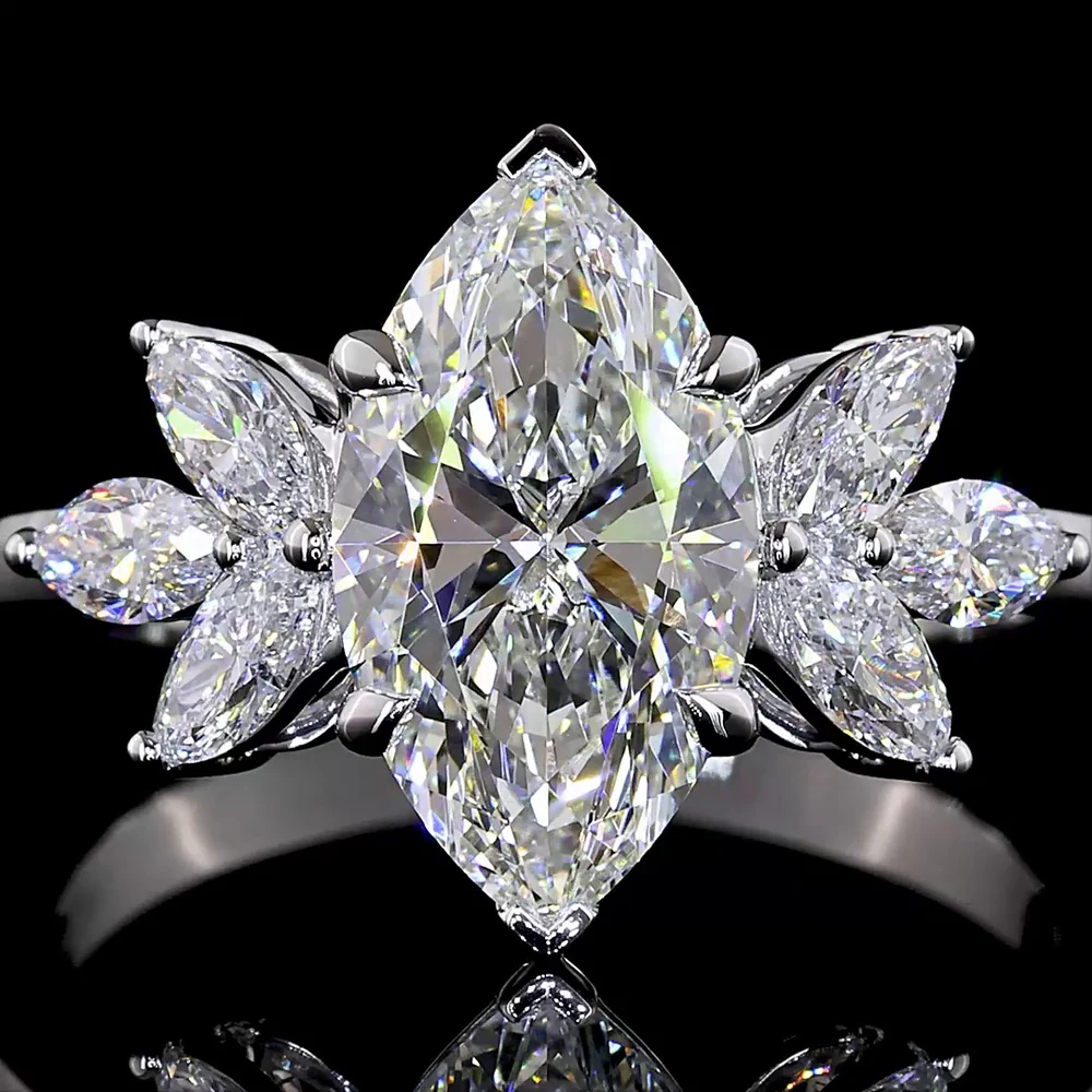 14K White Gold North-South Marquise Cut Lab Diamond Ring with Floral Side Stones - 2.66 Carat Total Diamond Weight, D VVS2 Center - Covaloro Fine Jewelry - Image 2