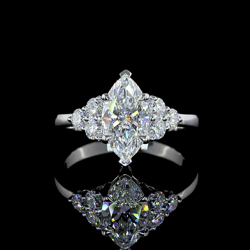 14K White Gold North-South Marquise Cut Lab Diamond Ring with Graduated Brilliant Accents - 1.99 Carats Total Diamond Weight - Covaloro Fine Jewelry