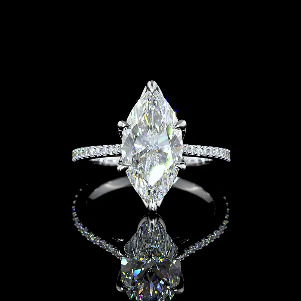 14K White Gold North-South Marquise Cut Lab Diamond Solitaire Shank Ring with 33 Accent Diamonds - 3.45 Carats Total Diamond Weight - Covaloro Fine Jewelry