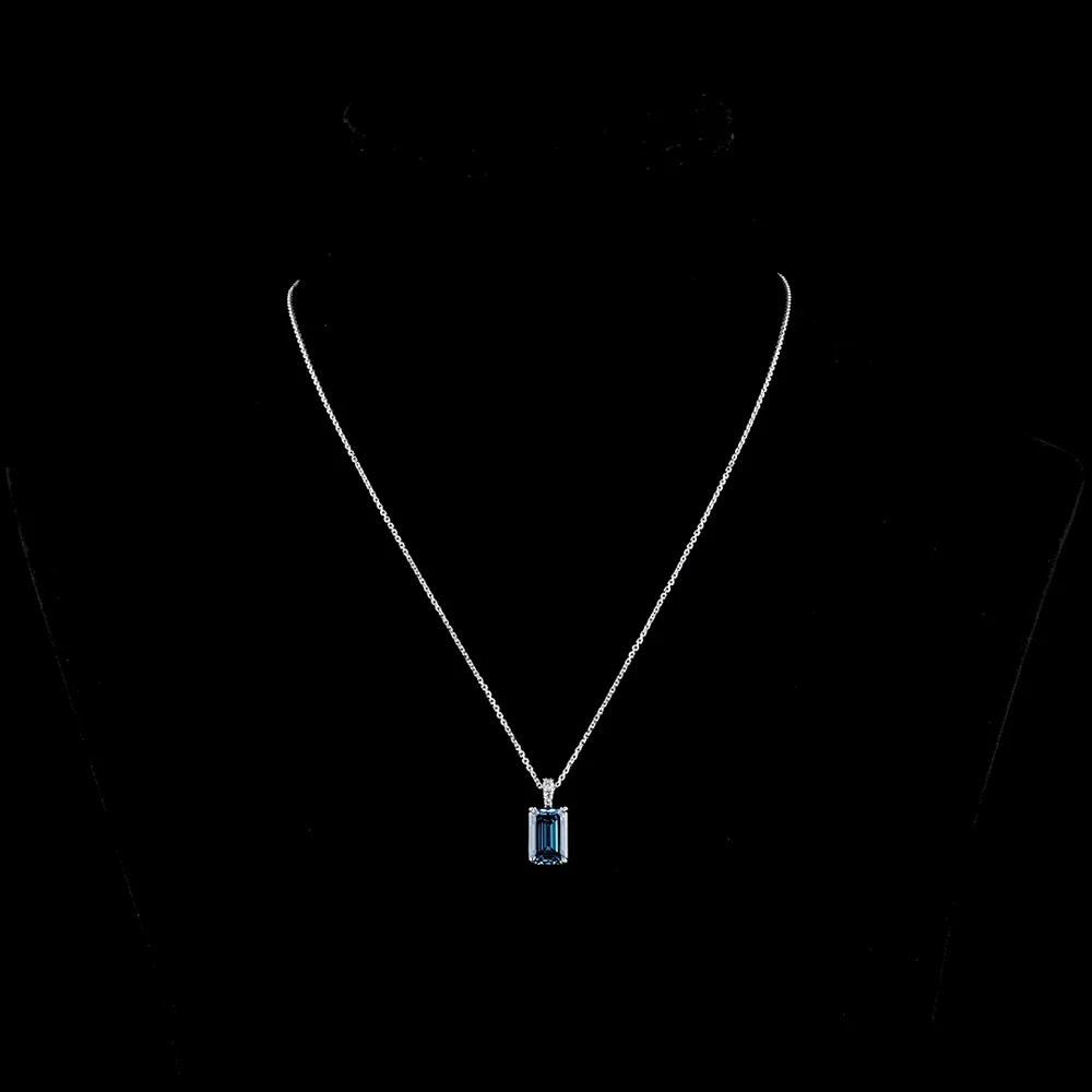 14K White Gold North-South Pendant with 3.47 Carat Emerald Cut Fancy Vivid Blue Lab Diamond and Brilliant Cut Lab Diamond Accents - 3.54 Carat Total Weight - Covaloro Fine Jewelry