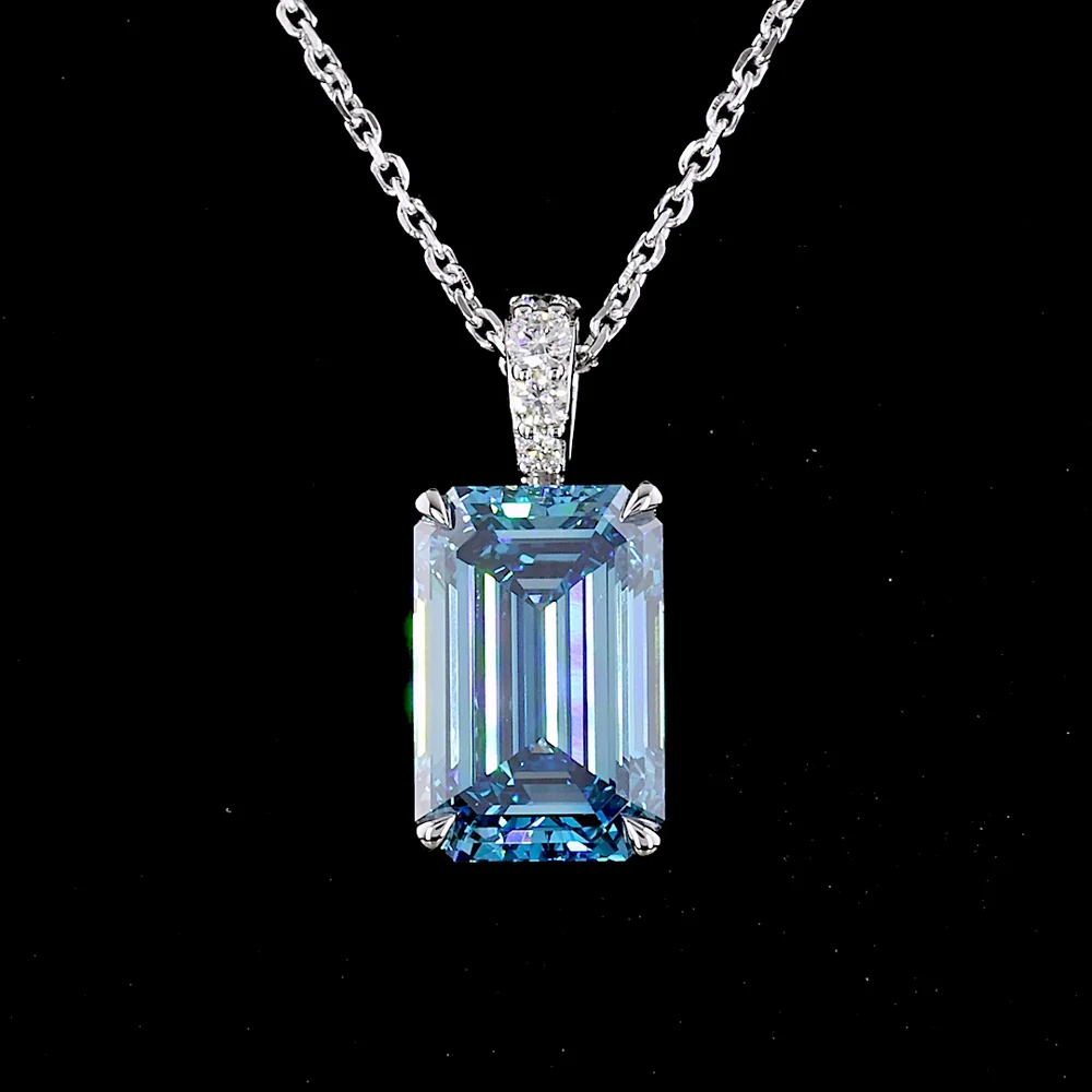 14K White Gold North-South Pendant with 3.47 Carat Emerald Cut Fancy Vivid Blue Lab Diamond and Brilliant Cut Lab Diamond Accents - 3.54 Carat Total Weight - Covaloro Fine Jewelry - Image 2