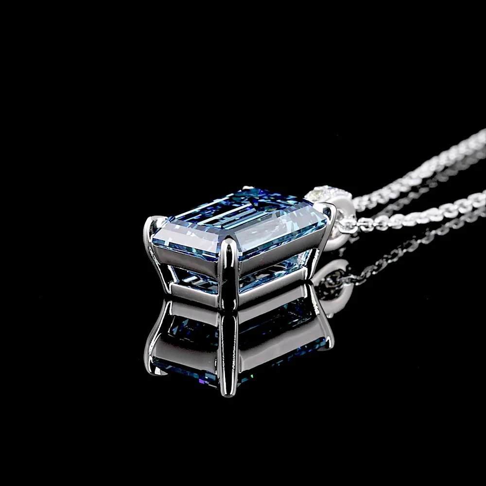 14K White Gold North-South Pendant with 3.47 Carat Emerald Cut Fancy Vivid Blue Lab Diamond and Brilliant Cut Lab Diamond Accents - 3.54 Carat Total Weight - Covaloro Fine Jewelry - Image 3