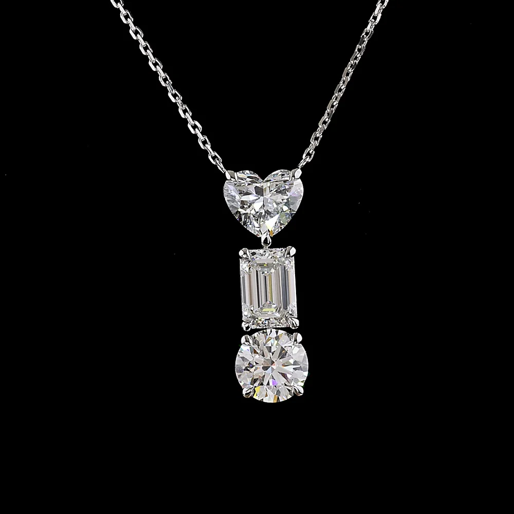 14K White Gold North-South Pendant with Heart, Emerald Cut, and Brilliant Cut Lab Diamonds - 3.11 Carats Total Diamond Weight - Covaloro Fine Jewelry - Image 2