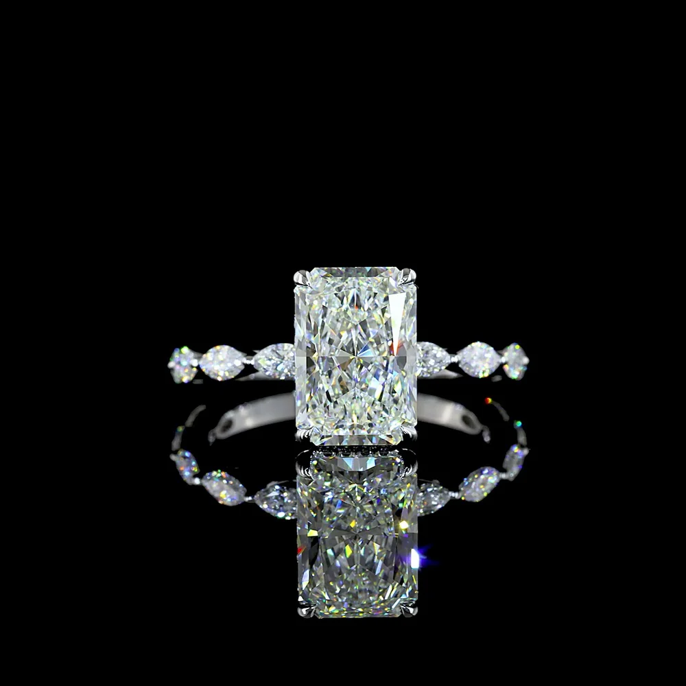 14K White Gold North-South Radiant Cut Hidden Halo Ring with Marquise Diamond Band - 3.60 Carats Total Diamond Weight (IGI Certified) - Covaloro Fine Jewelry