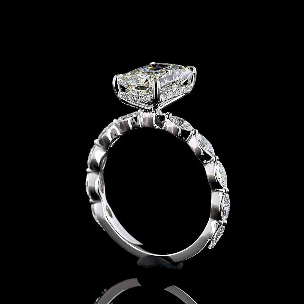14K White Gold North-South Radiant Cut Hidden Halo Ring with Marquise Diamond Band - 3.60 Carats Total Diamond Weight (IGI Certified) - Covaloro Fine Jewelry - Image 3