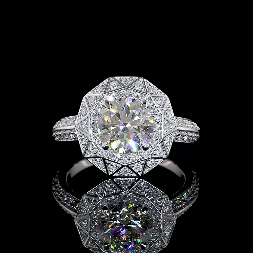 14K White Gold Octagonal Geometric Halo Ring with 1.79 Carat Round Brilliant Lab Diamond and Accent Stones - 2.37 Total Carat Weight - Covaloro Fine Jewelry