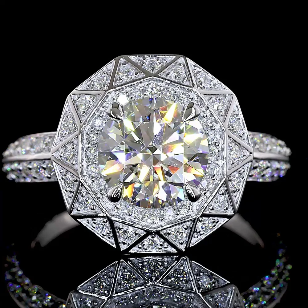 14K White Gold Octagonal Geometric Halo Ring with 1.79 Carat Round Brilliant Lab Diamond and Accent Stones - 2.37 Total Carat Weight - Covaloro Fine Jewelry - Image 2
