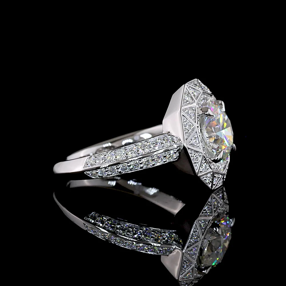 14K White Gold Octagonal Geometric Halo Ring with 1.79 Carat Round Brilliant Lab Diamond and Accent Stones - 2.37 Total Carat Weight - Covaloro Fine Jewelry - Image 3