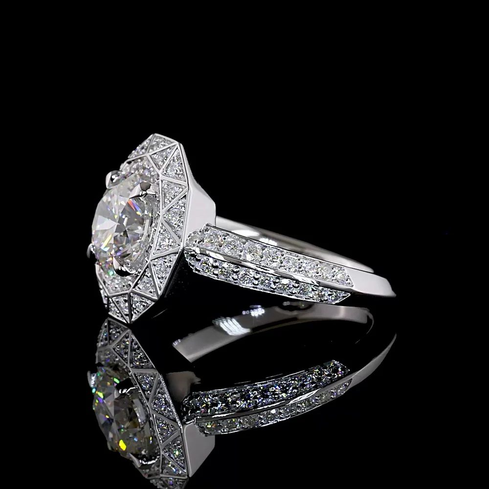 14K White Gold Octagonal Geometric Halo Ring with 1.79 Carat Round Brilliant Lab Diamond and Accent Stones - 2.37 Total Carat Weight - Covaloro Fine Jewelry - Image 4
