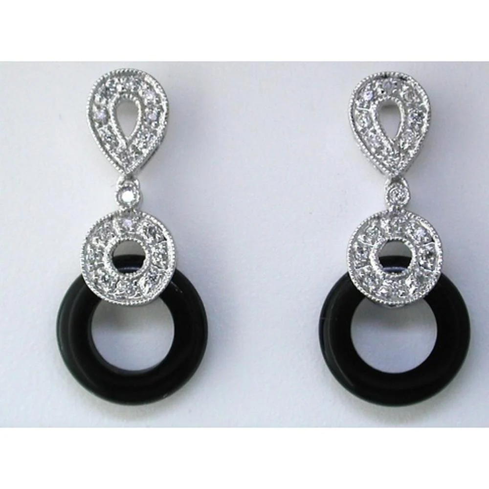 14K White Gold Onyx & Diamond Drop Earrings with Milgrain Detailing - 0.15 Carat Total Diamond Weight - Royal Jewelry