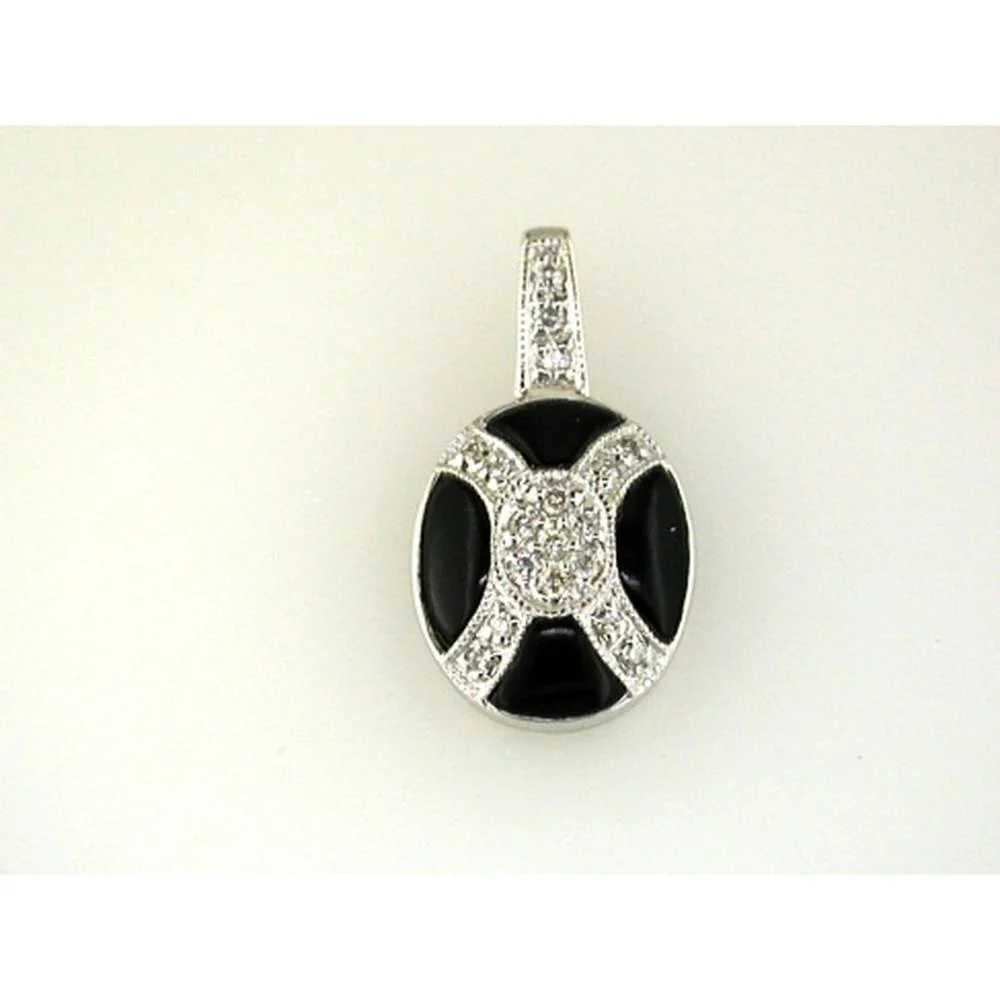 14K White Gold Onyx Pendant with Round Diamond Accents - 0.10 Carat Total Diamond Weight - Royal Jewelry