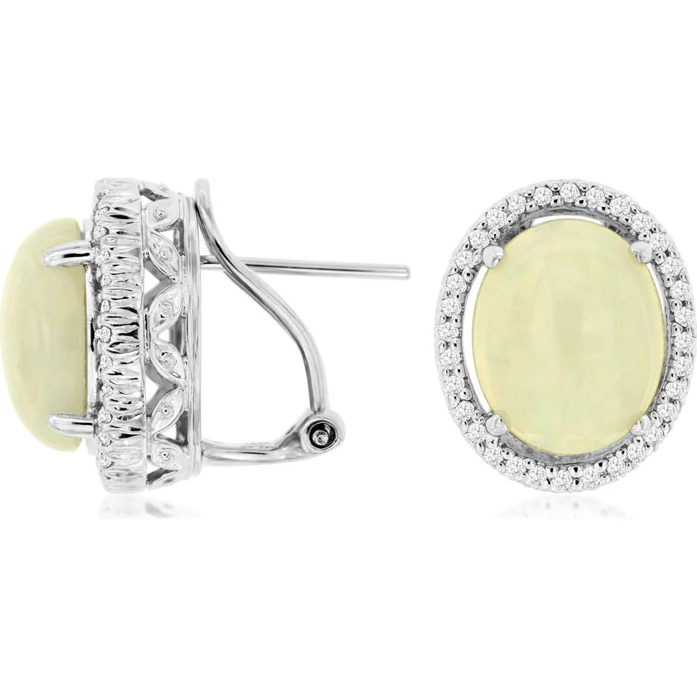 14K White Gold Opal & Diamond Halo Earrings - 4.20 Carats Opal, 0.56 Carats Diamond Total Weight - Royal Jewelry