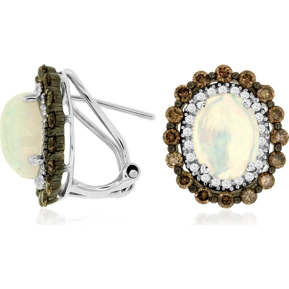 14K White Gold Opal and Diamond Halo Earrings with 2.2 Carats Opal and 1.1 Carats Total Diamond Weight - Royal Jewelry