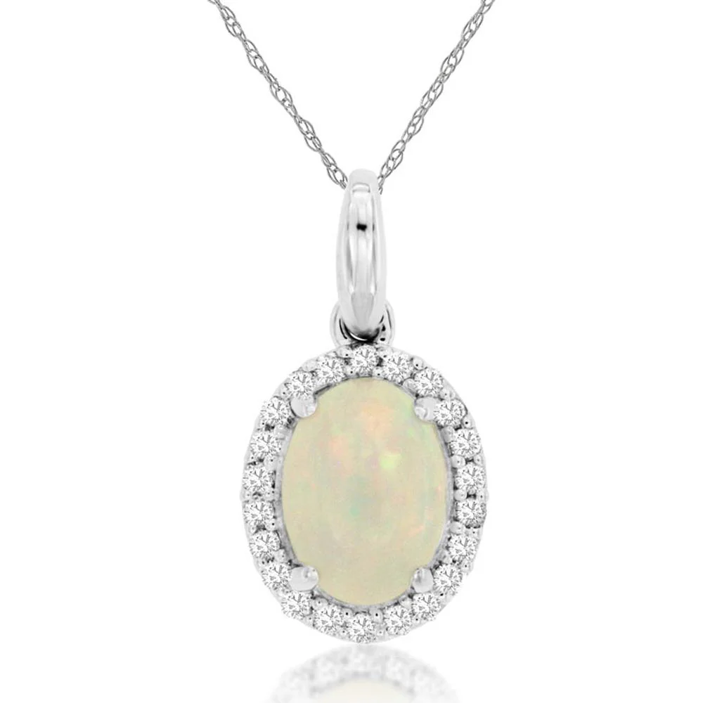 14K White Gold Opal Pendant with Diamond Halo - 0.90 Carats Opal & 0.14 Carats Diamond Weight - Royal Jewelry