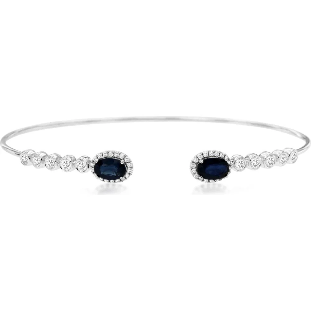 14K White Gold Open Bangle with 1.30 Carat Oval Sapphires and 0.53 Carat Diamond Halo Accents - Royal Jewelry