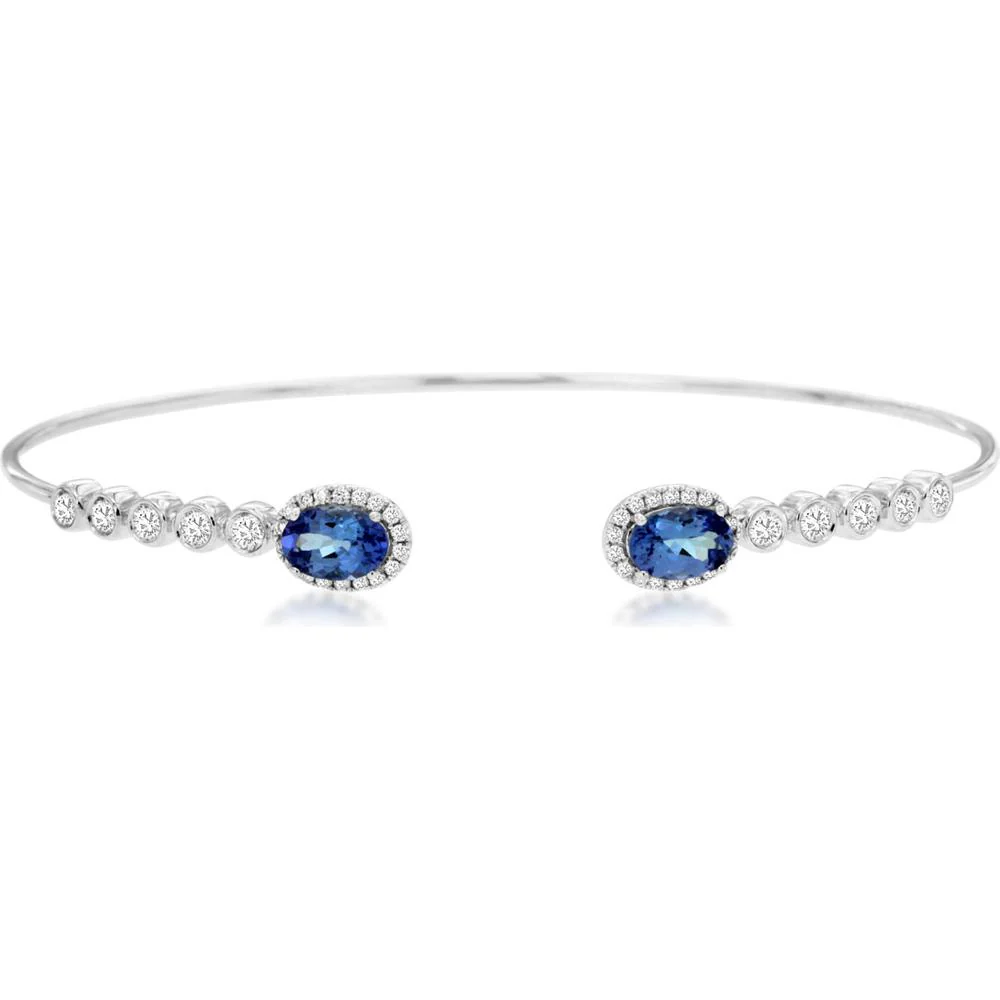 14K White Gold Open Bangle with Oval Tanzanite and Diamond Halos - 1.00 Carat Tanzanite, 0.53 Carat Total Diamond Weight - Royal Jewelry