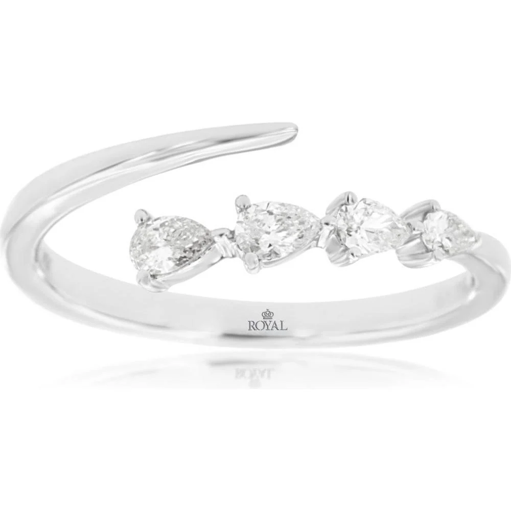 14K White Gold Open Bypass Ring with Pear Shaped Diamonds - 0.25 Carat Total Diamond Weight - Royal Jewelry