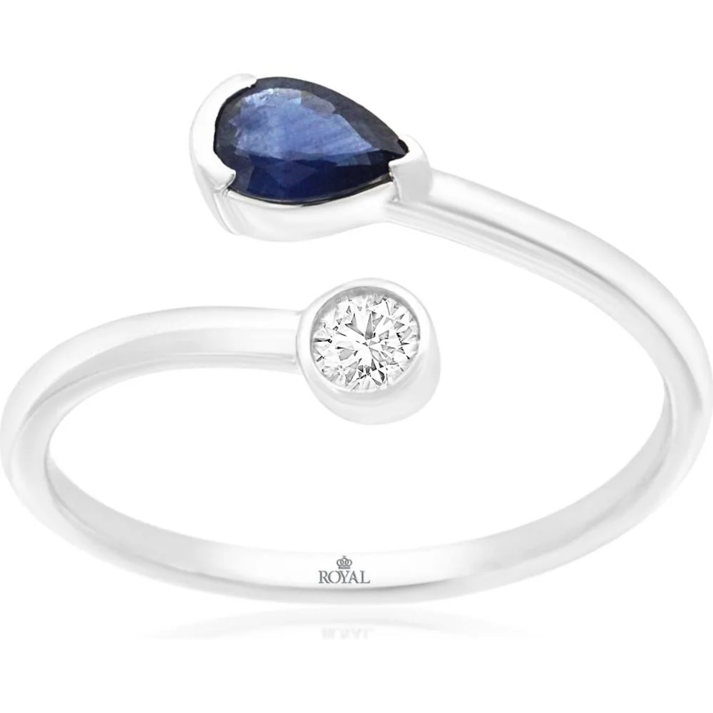 14K White Gold Open Bypass Ring with Pear Shaped Sapphire and Round Diamond Accent - 0.45 Carat Sapphire and 0.10 Carat Diamond Weight - Royal Jewelry