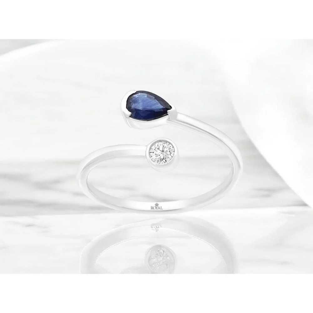 14K White Gold Open Bypass Ring with Pear Shaped Sapphire and Round Diamond Accent - 0.45 Carat Sapphire and 0.10 Carat Diamond Weight - Royal Jewelry - Image 2