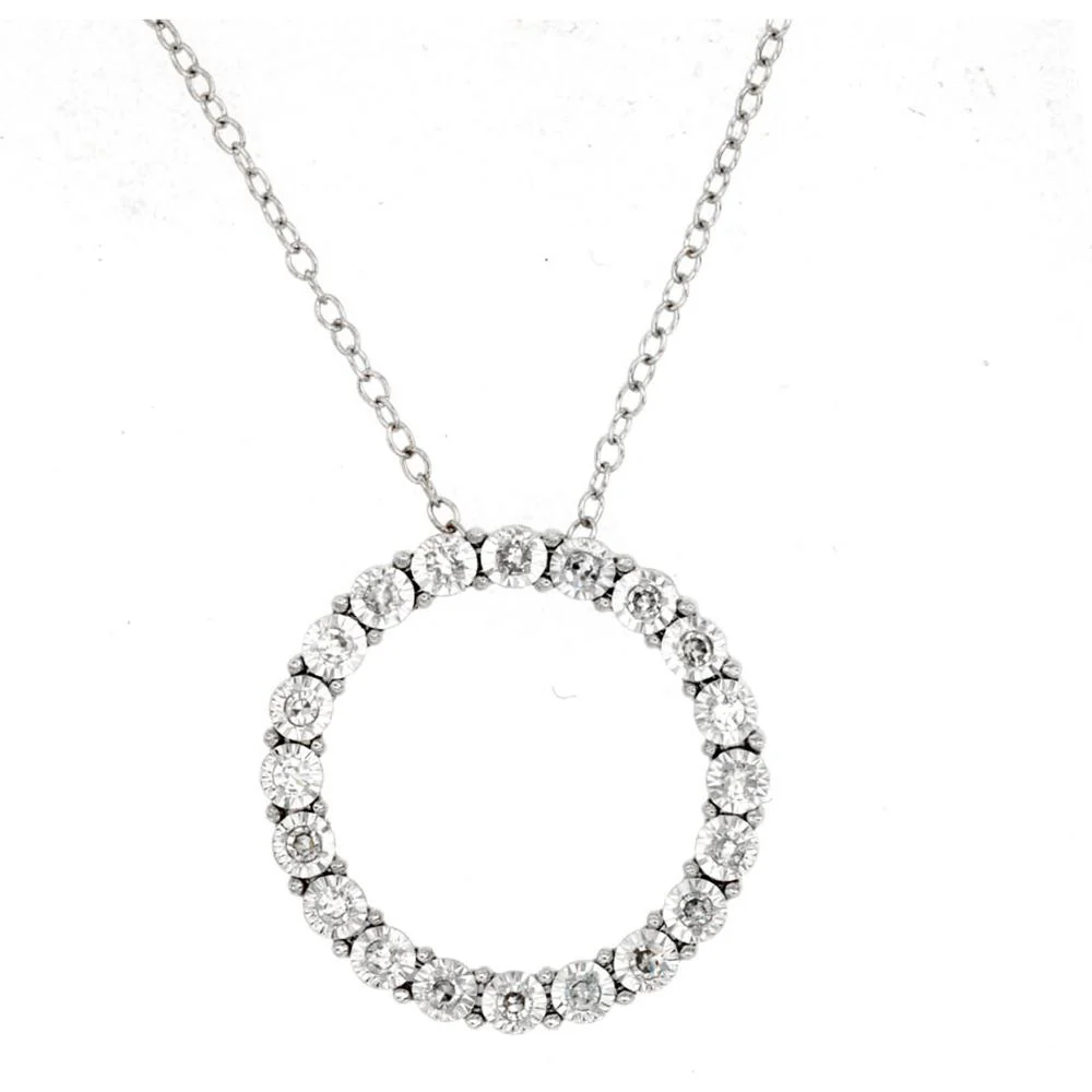 14K White Gold Open Circle Diamond Pendant Necklace with Round Diamonds - 0.16 Carat Total Diamond Weight - Royal Jewelry
