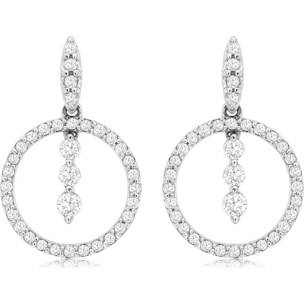 14K White Gold Open Circle Drop Earrings with Pavé Round Diamonds and Floating Diamond Center Drops - 0.33 Carat Total Diamond Weight - Royal Jewelry