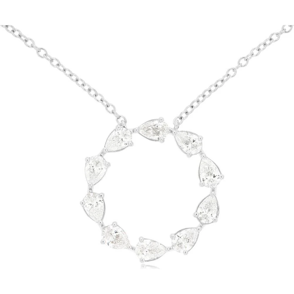 14K White Gold Open Circle Pendant Necklace with 10 Pear Cut Diamonds - 0.92 Carat Total Diamond Weight - Royal Jewelry