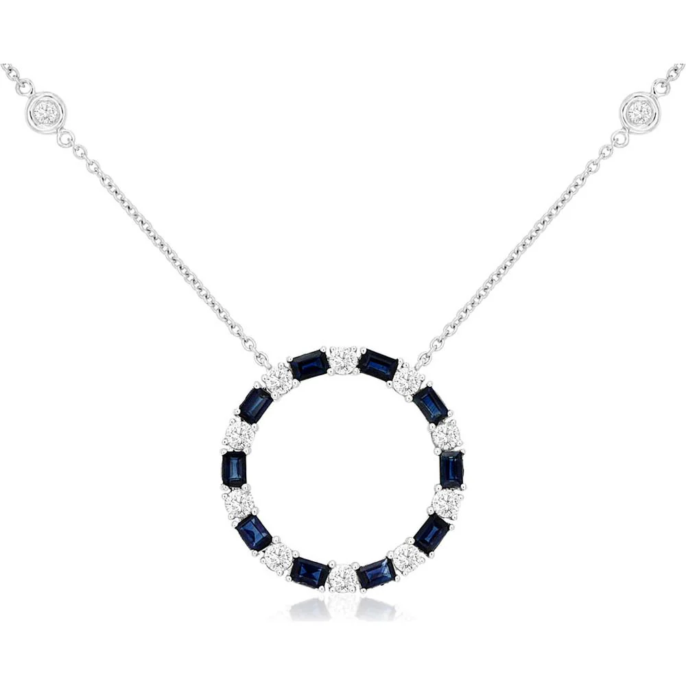 14K White Gold Open Circle Pendant Necklace with Baguette Sapphires and Diamonds - 1.20 Carat Total Sapphire Weight and 0.62 Carat Total Diamond Weight - Royal Jewelry