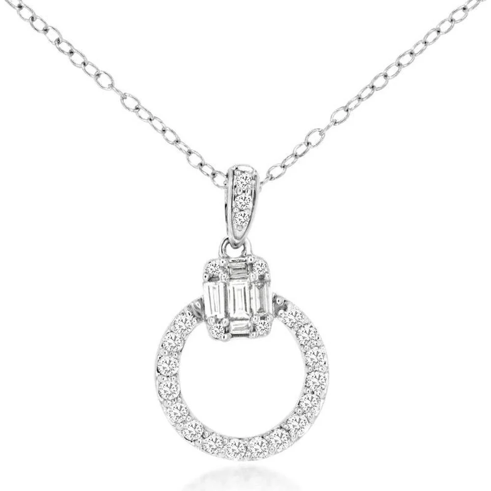 14K White Gold Open Circle Pendant Necklace with Round and Emerald-Cut Style Diamonds - 0.27 Carat Total Diamond Weight - Royal Jewelry