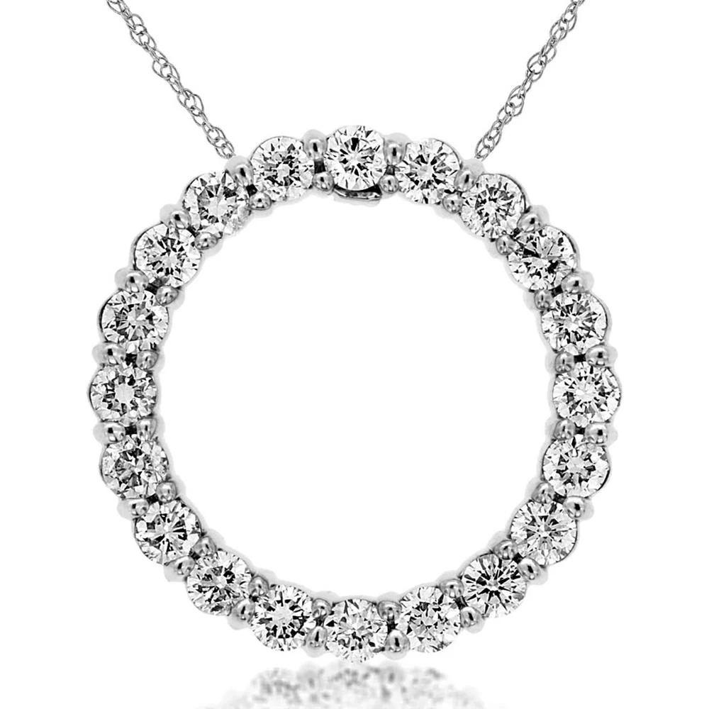 14K White Gold Open Circle Pendant Necklace with Round Diamonds - 1.00 Carat Total Diamond Weight - Royal Jewelry