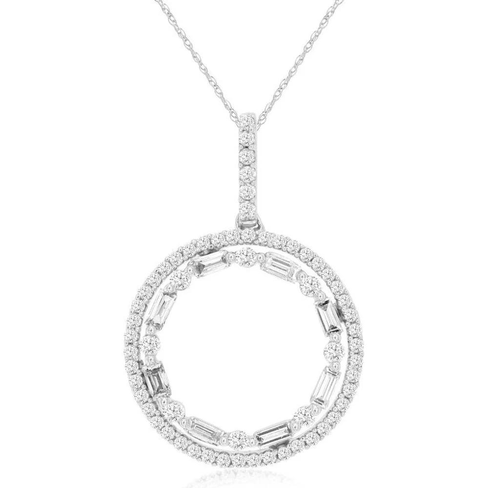 14K White Gold Open Circle Pendant with Round and Baguette Diamonds - 0.50 Carat Total Diamond Weight - Royal Jewelry