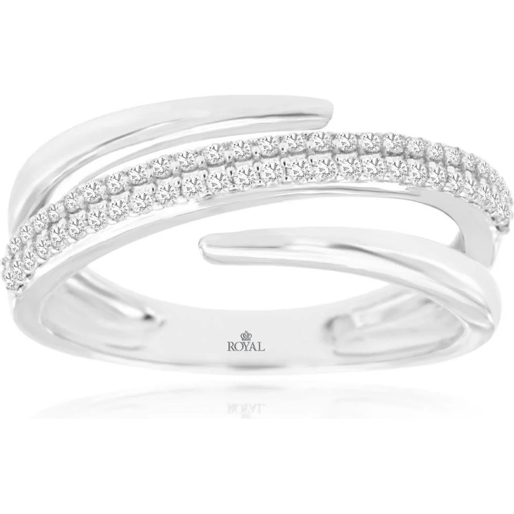 14K White Gold Open Crossover Wedding Band with Round Diamonds - 0.28 Carat Total Diamond Weight - Royal Jewelry