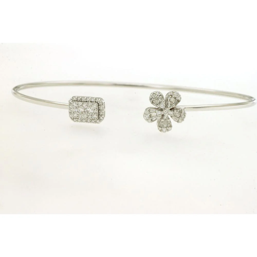 14K White Gold Open Cuff Bangle with Geometric and Floral Diamond Motifs - 0.50 Carat Total Diamond Weight (Round and Baguette Cuts) - Royal Jewelry