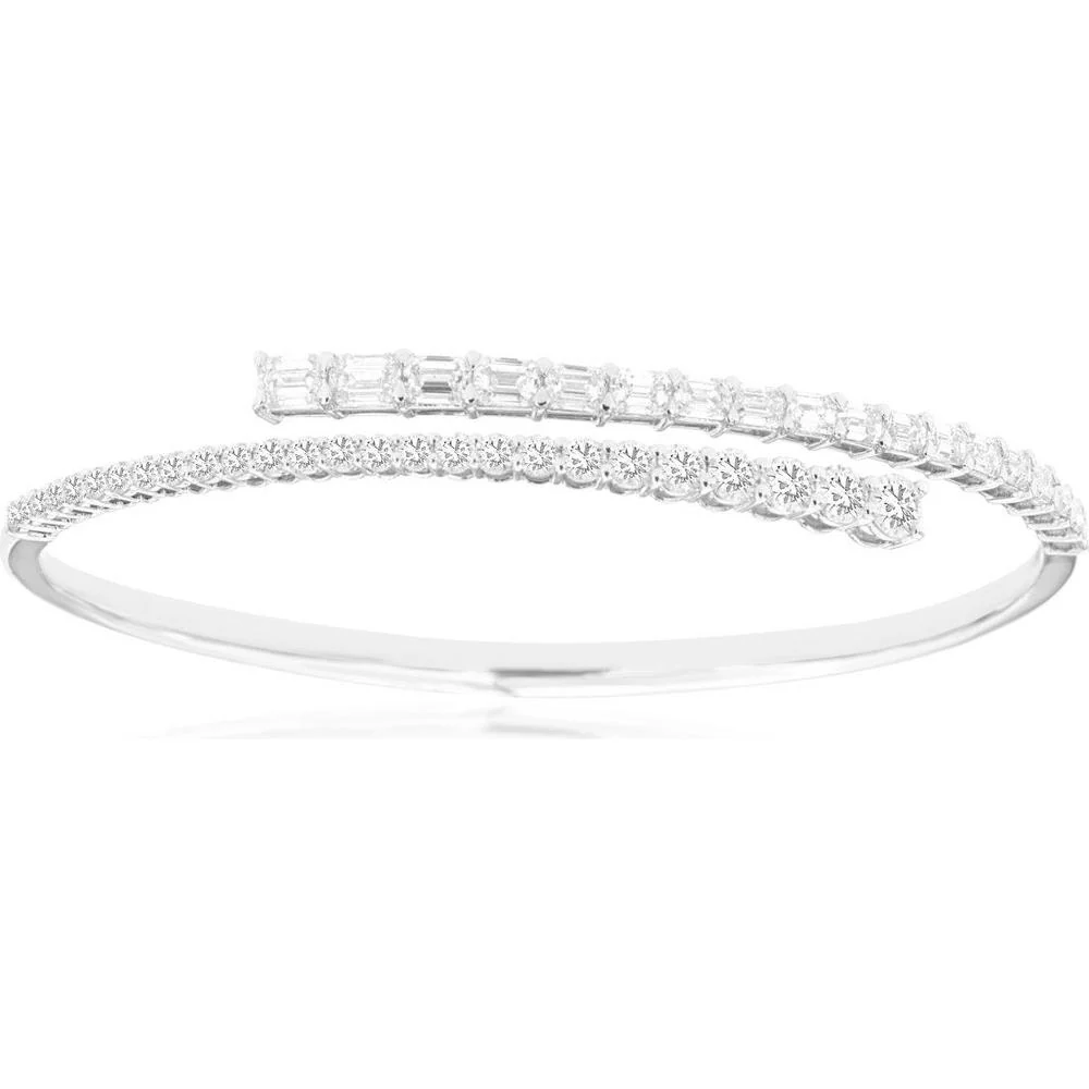 14K White Gold Open Cuff Diamond Bangle with Round Brilliant and Baguette Diamond Rows - 3.85 Carat Total Diamond Weight - Royal Jewelry