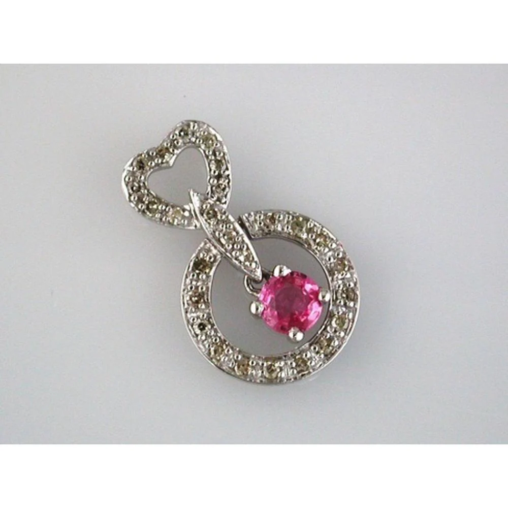 14K White Gold Open Heart Circle Pendant with Round Pink Sapphire and Round Diamonds - 0.28 Carat Pink Sapphire & 0.18 Carat Diamond Weight - Royal Jewelry