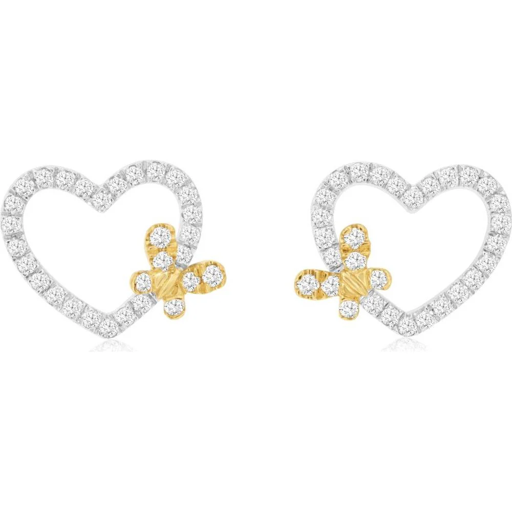 14K White Gold Open Heart Earrings with Round Diamond Accents and Yellow Gold Detail - 0.25 Carat Total Diamond Weight - Royal Jewelry