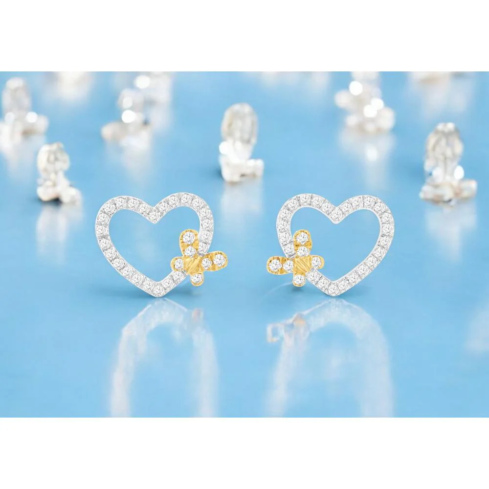 14K White Gold Open Heart Earrings with Round Diamond Accents and Yellow Gold Detail - 0.25 Carat Total Diamond Weight - Royal Jewelry - Image 2