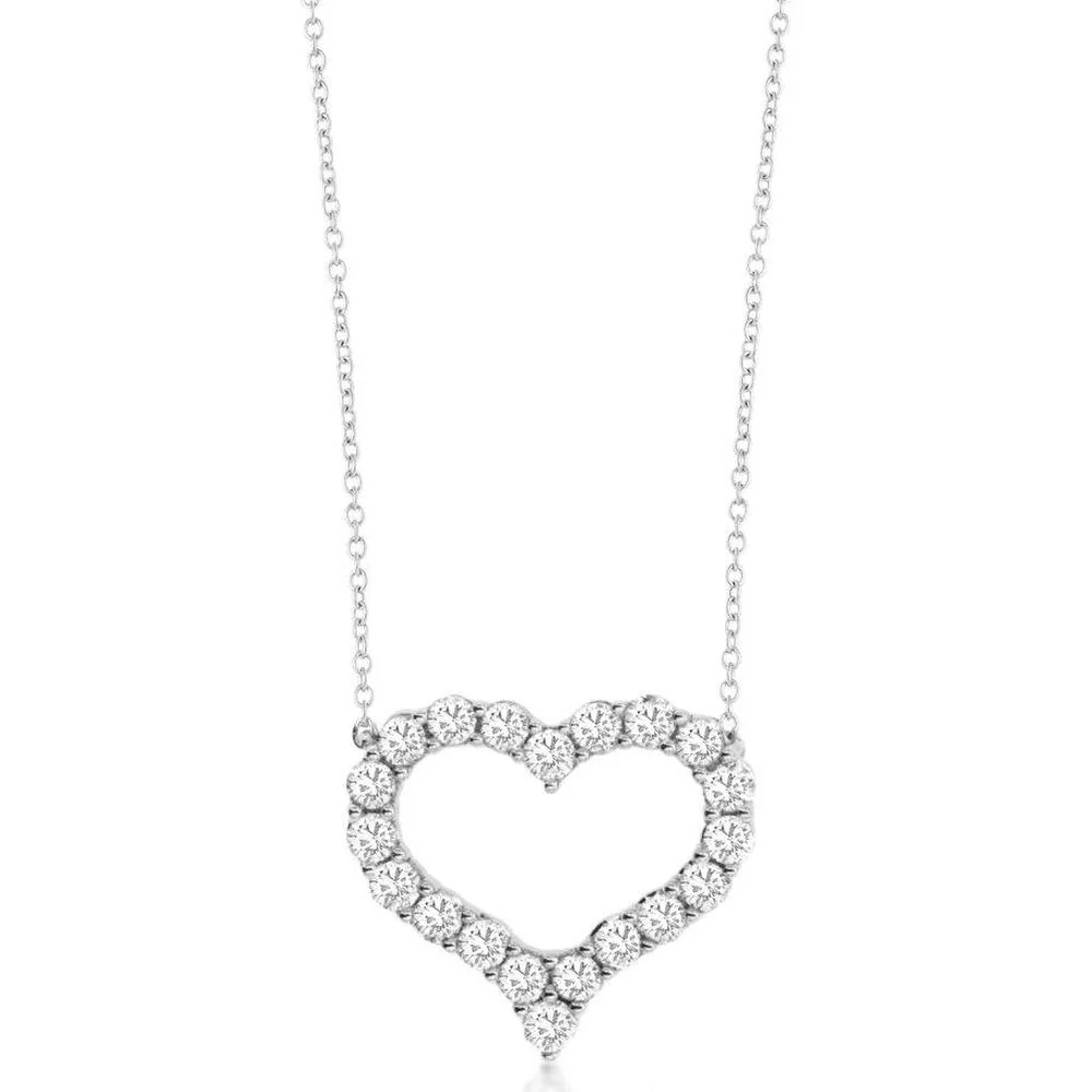 14K White Gold Open Heart Pendant Necklace with Round Brilliant Diamonds - 0.50 Carat Total Diamond Weight - Royal Jewelry