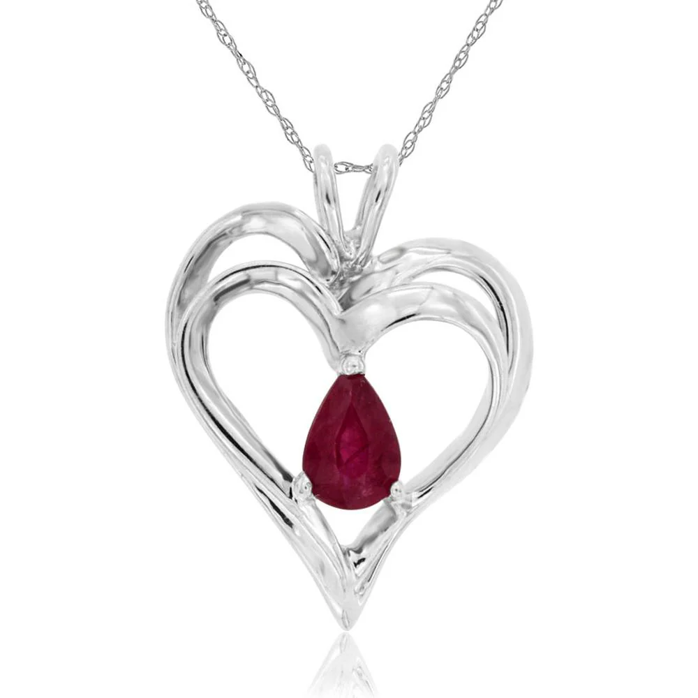 14K White Gold Open Heart Pendant with Pear Cut Ruby - 0.50 Carat Total Weight - Royal Jewelry