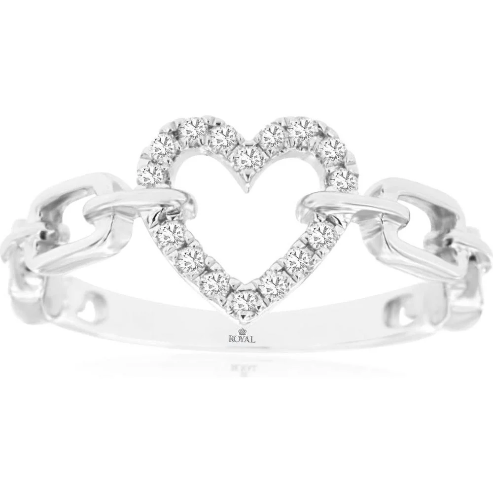 14K White Gold Open Heart Ring with Prong Set Round Diamonds - 0.15 Carat Total Diamond Weight - Royal Jewelry