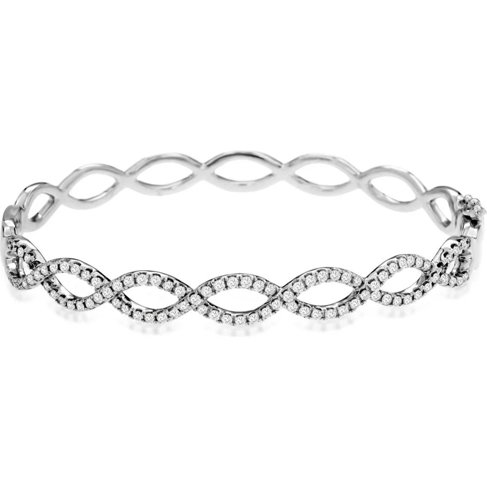 14K White Gold Open Marquise Bangle with 1.10 Carat Round Brilliant Diamonds – Elegant Hinged Bracelet for Women - Royal Jewelry