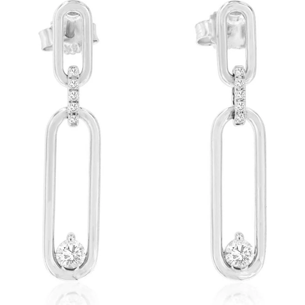 14K White Gold Open Oval Drop Earrings with Round Brilliant Diamonds - 0.20 Carat Total Diamond Weight - Royal Jewelry