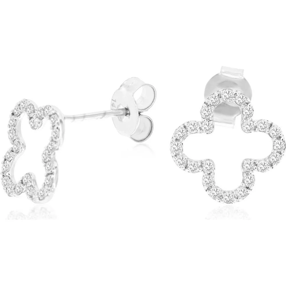 14K White Gold Open Quatrefoil Motif Earrings with Pavé Set Round Diamonds - 1.00 Carat Total Diamond Weight - Royal Jewelry