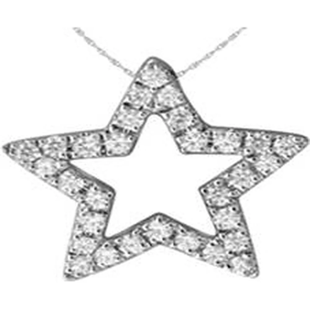 14K White Gold Open Star Diamond Charm Pendant - 0.10 Carat Total Diamond Weight - Royal Jewelry
